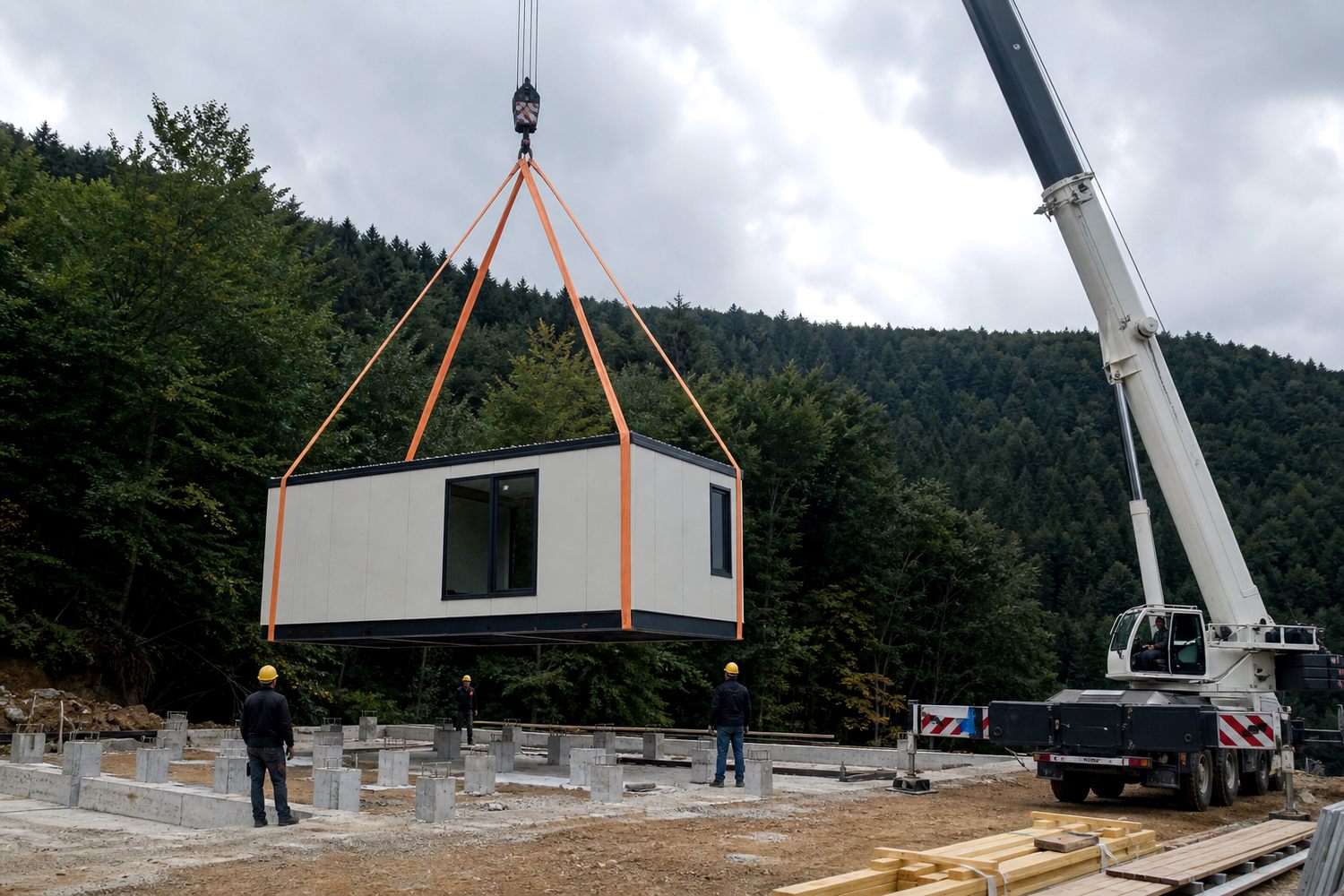 Hazırlanmış temel üzerine vinçle indirilen modüler yapı birimi